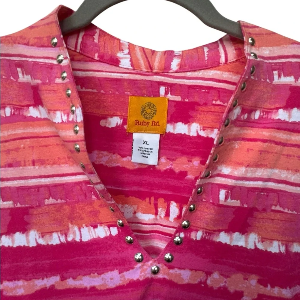 Ruby Road Pink and Orange Striped V-Neck Top size XL - Picture 2 of 5